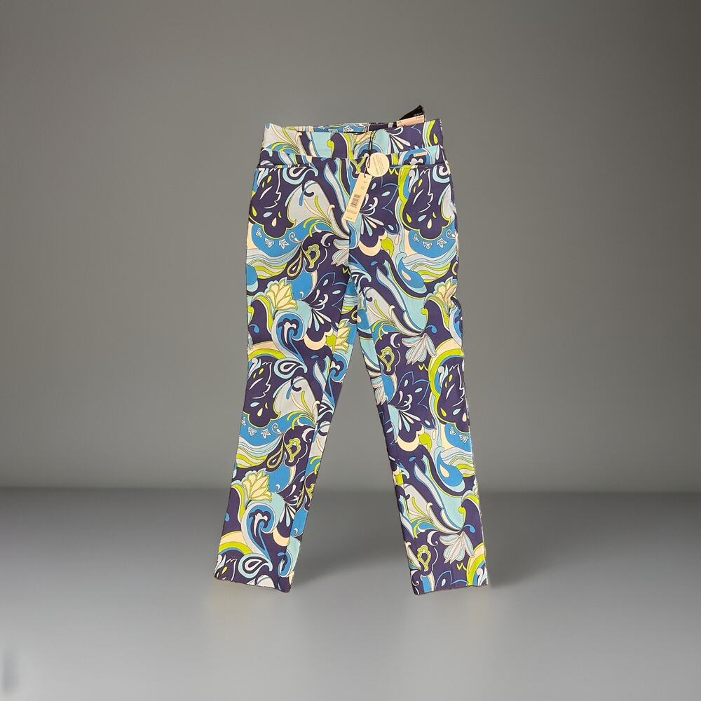 NWT T Tahari Retro 70’s Women Paisley Blue Multi Crop Pants Flat Front Stretch S